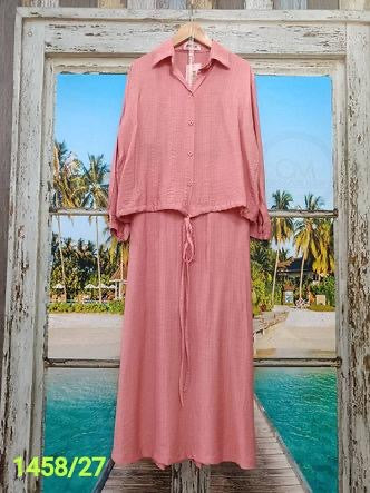 Ladies Summer Collar Down Drawstring Shirts With Long Skirts